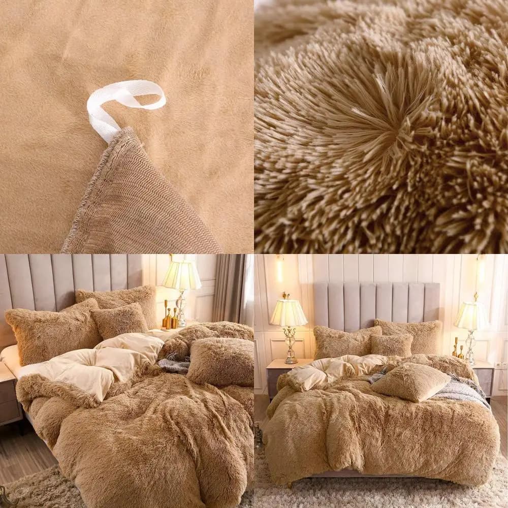 Set copripiumino in peluche di velluto e pelliccia sintetica Camel King Size con federe, ultra morbido e caldo