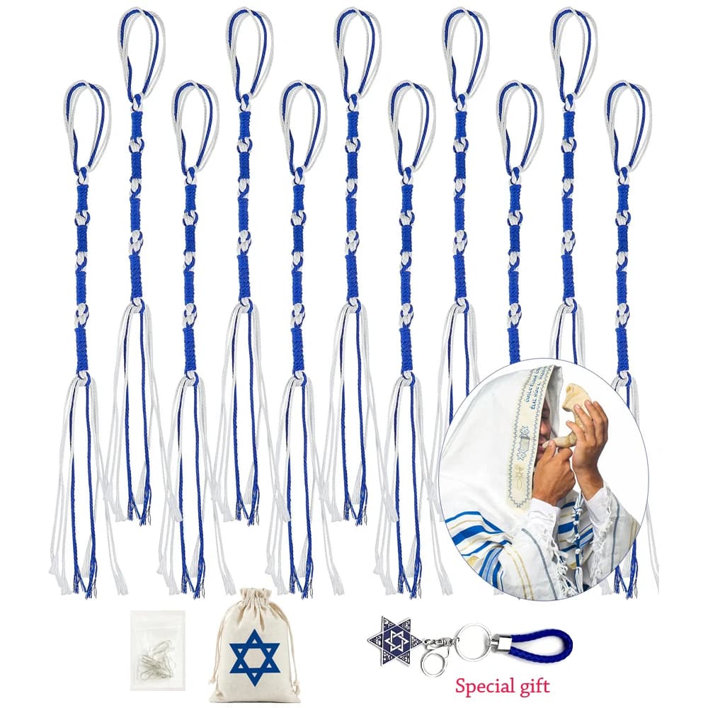 8/16 Pcs Blue White Hebrew Tzitzit Tassels Fringe with Metal Quick Clips Jewish Messianic Jeans Belt Loop Fasteners Decoration