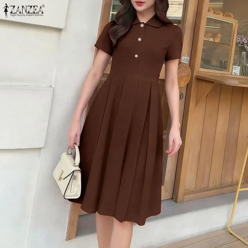 Eleganti Abiti da Ufficio OL ZANZEA Donna 2026 Vestito Estivo a Maniche Corte con Colletto a Risvolto Midi Vestito Elegante Tinta Unita a Trapezio con Pieghe