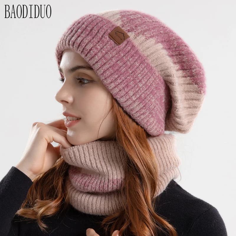 Xinbaoguan 100% acrilico 9971 cappello invernale di lana con protezione per le orecchie spessa e calda con sciarpa di velluto set di due pezzi cappello lavorato a maglia