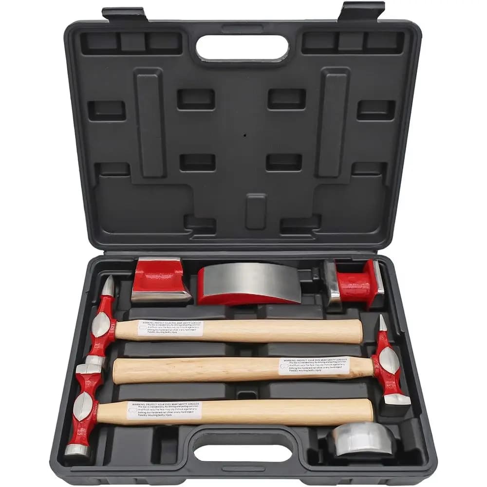 Kit di Riparazione Carrozzeria Auto a 7 Pezzi con Martello e Utensili in Acciaio al Carbonio su Manici in Legno, Set Professionale Resistente, Rullo per Rimozione Ammaccature