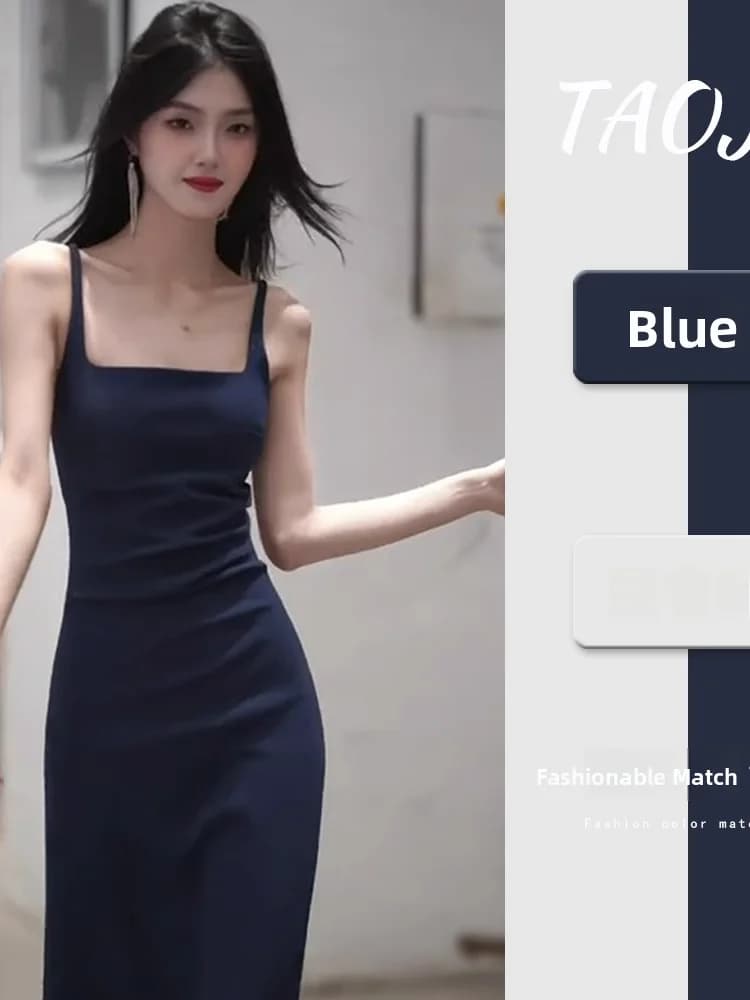 Summer New Women's A-Line Long Dress Belted Waist Slimming Base Layer High Waist Korean Style Commute Pure Color Citywalk