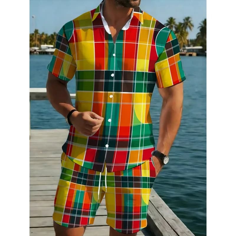 Men's Summer Checkered Shirt & Shorts Set Lightweight Breathable Polyester Beach Holiday Casual Wear