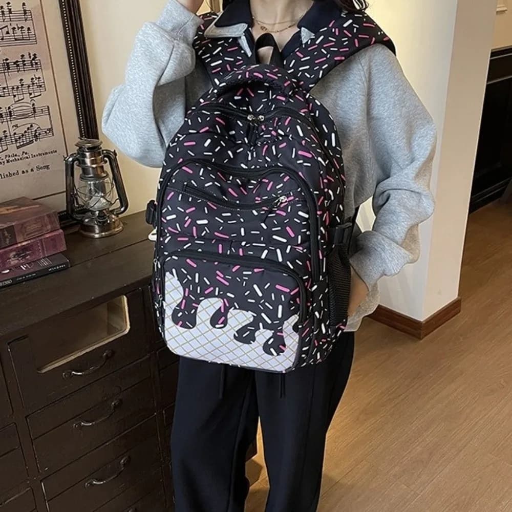 Oxford Fabric Ice Cream Printed Backpack Set with Pencil Case Large Capacity School Bag with Crossbody Bag Lightweight Tote Bag
