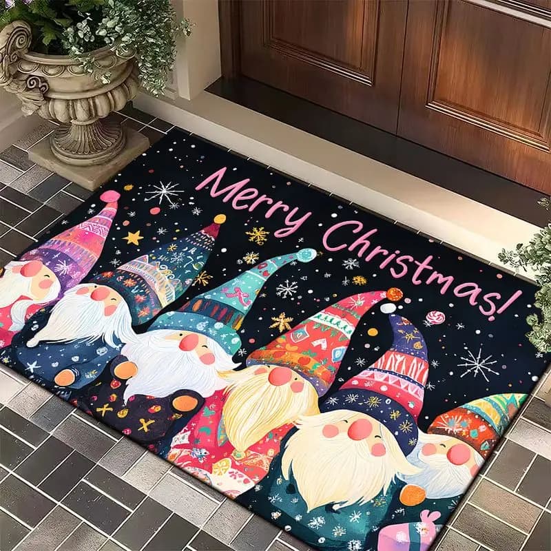VIKAMA Christmas Gnomes Doormat Merry Christmas Snowflake Non Slip Rectangular Holiday Entrance Decor Floor Rug
