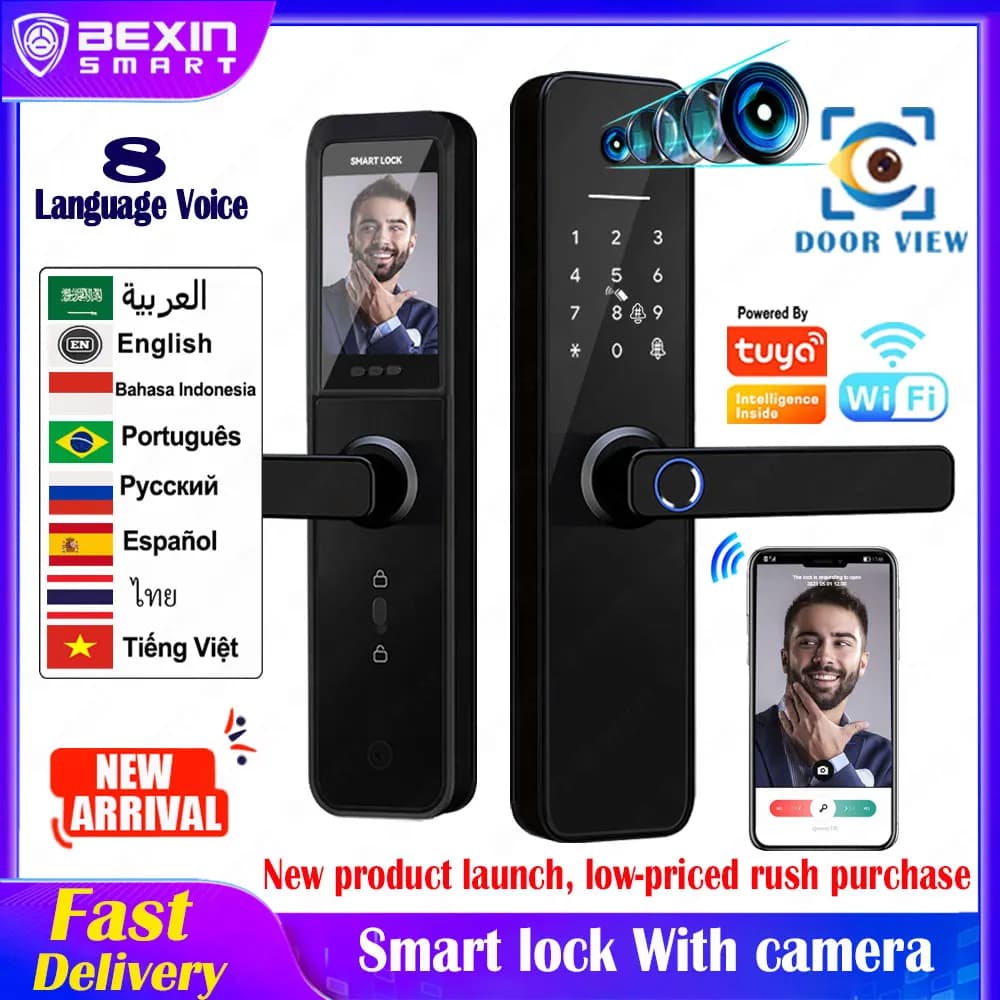 Tuya visiva Wifi Serratura elettronica digitale intelligente per impronte digitali con fotocamera biometrica Scheda di intelligenza Password Sblocco chiave