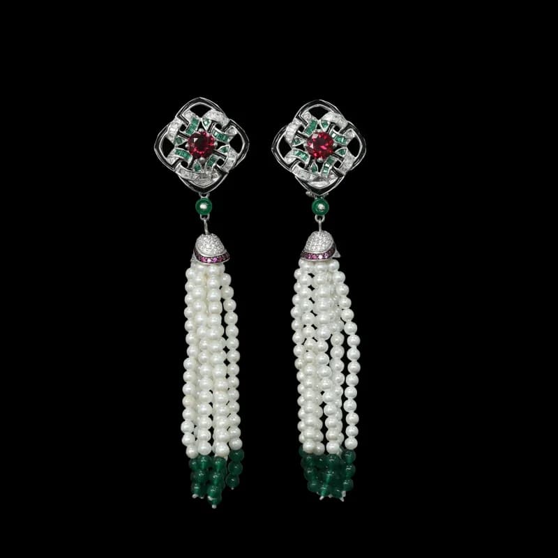 Bellux Jewelry Design unico Argento 925 Zircone Sangue di piccione Perline verdi rubini Orecchini di perle con nappa vintage