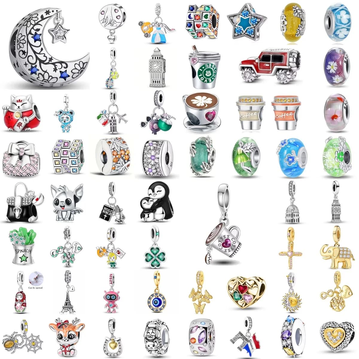 925 Silver Enamel Beads, Moon Star, Coffee Cup, Cartoon Animal Charms, DIY Bracelet Accessories Girls Birthday Gifts