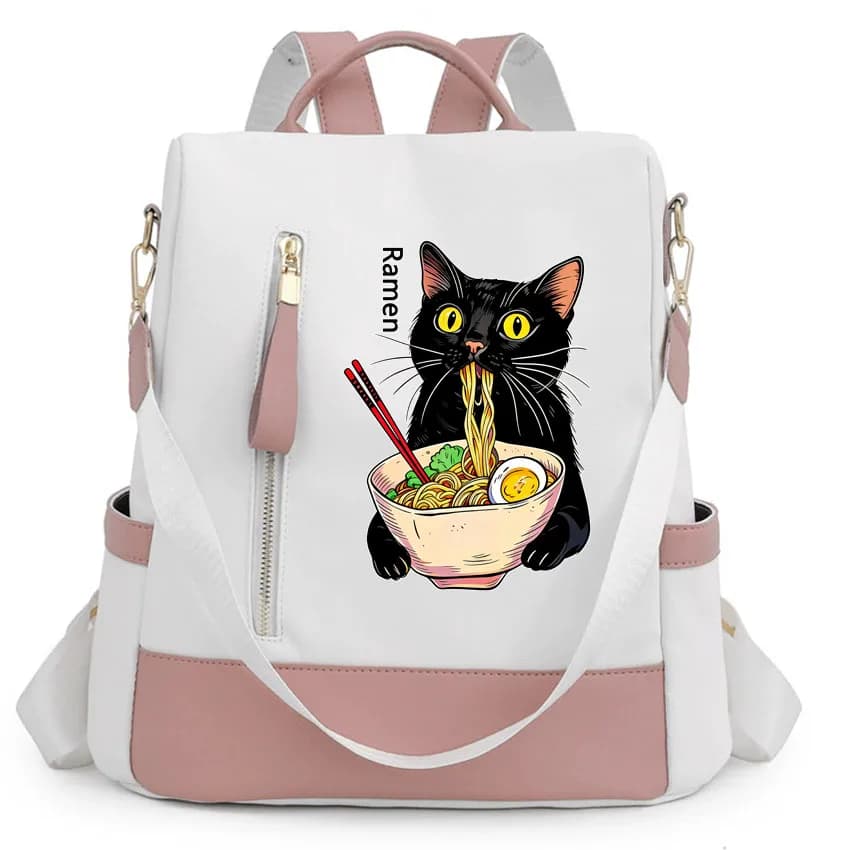 Zaino da Viaggio per Donne con Stampa di Noodle, Ramen e Gatto Nero, Chiusura a Cerniera, Convertibile in Borsa a Tracolla, per Scuola