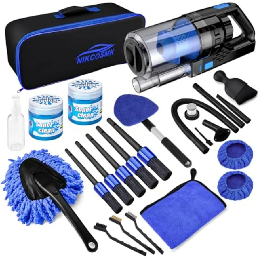Kit di pulizia per interni per auto da 17 pezzi, kit di pulizia per interni auto con aspirapolvere per auto portatile, spazzole per dettagli auto, parabrezza