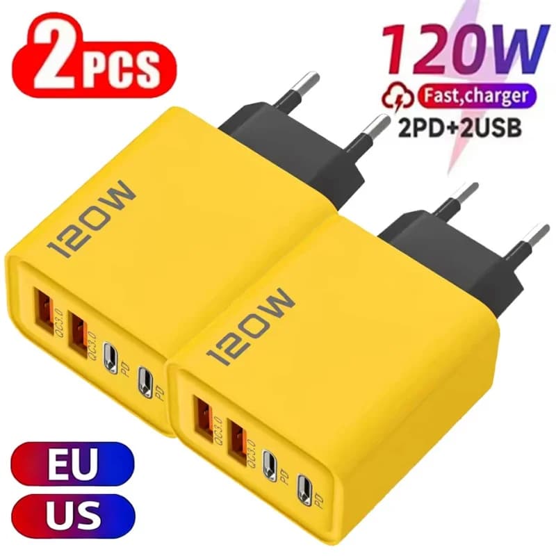 2 Pezzi Caricatore USB C Rapido a 4 Porte 120W con Adattatore da Parete PD QC3.0 e Cavo Dati per iPhone Samsung Xiaomi Huawei, Spina EU/US da Viaggio