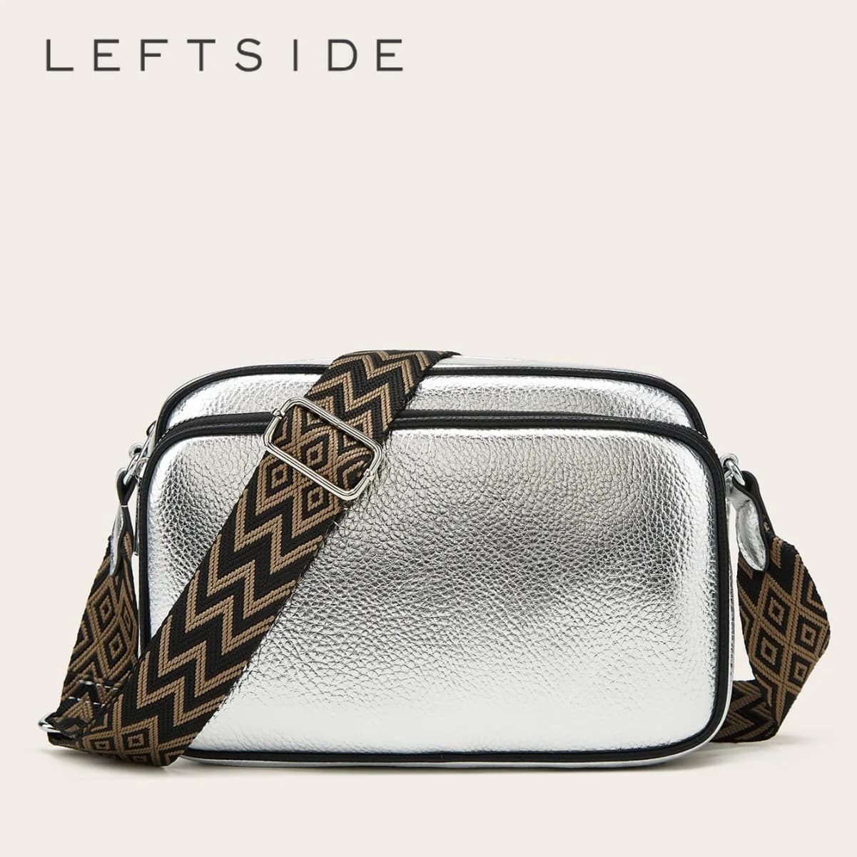 LEFTSIDE Small Silver PU Leather Crossbody Bag for Women 2023 Winter Fashion Lady Shoulder Bag with Wide Shoulder Belt Handbags