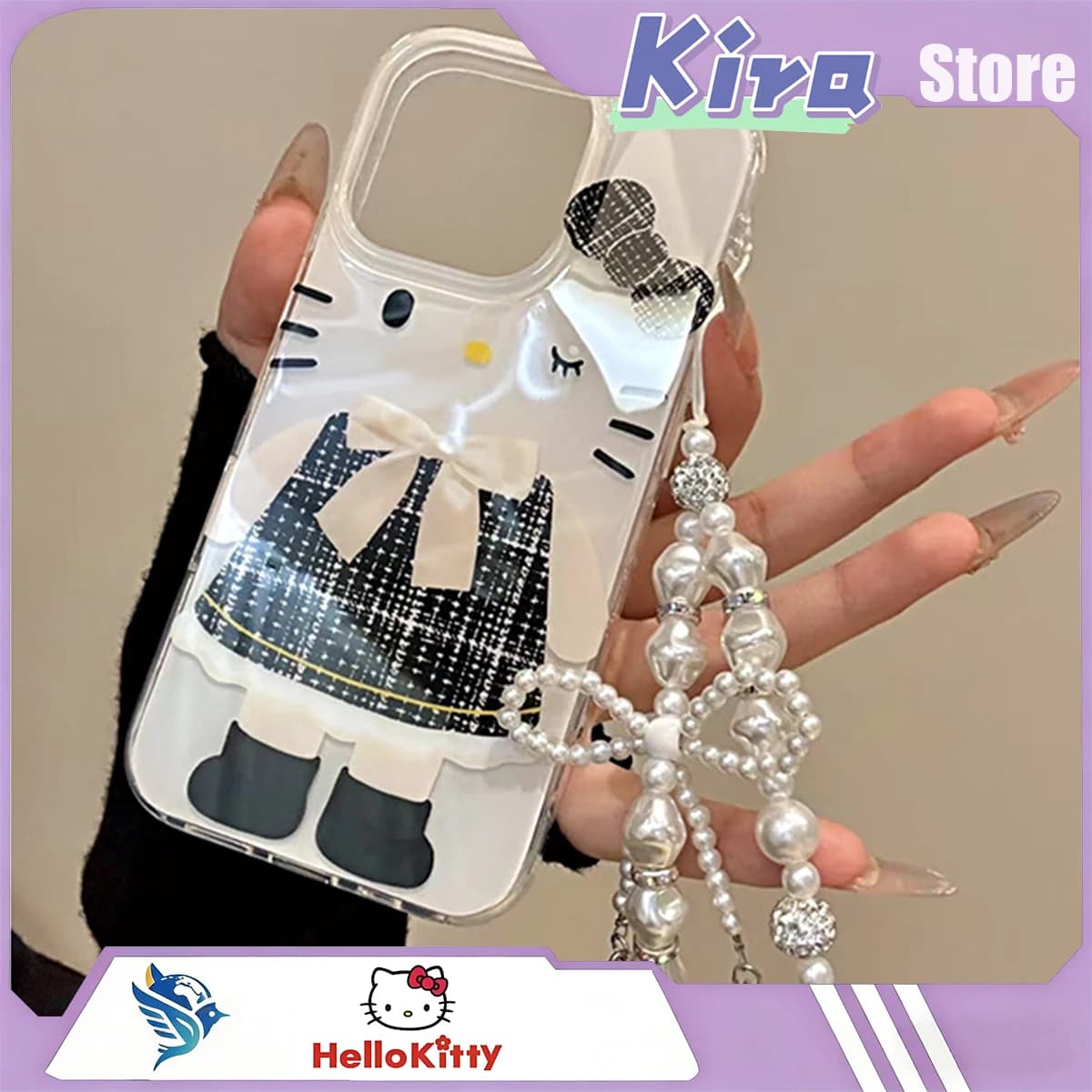 Custodia in silicone Hello Kitty con catena di perle, design a cartone animato, per iPhone 17 16 14 15 Pro Max, regalo Kawaii per ragazza