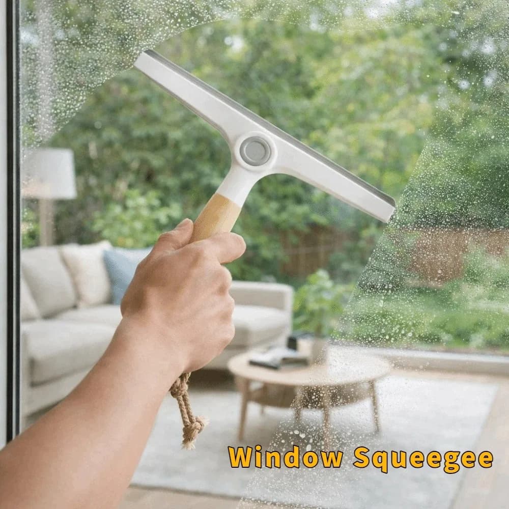 Tergivetro Rotante Antigraffio con Manico in Legno e Silicone Morbido, Tergicristallo Manuale per Rimozione Acqua, Pulitore per Specchi da Bagno