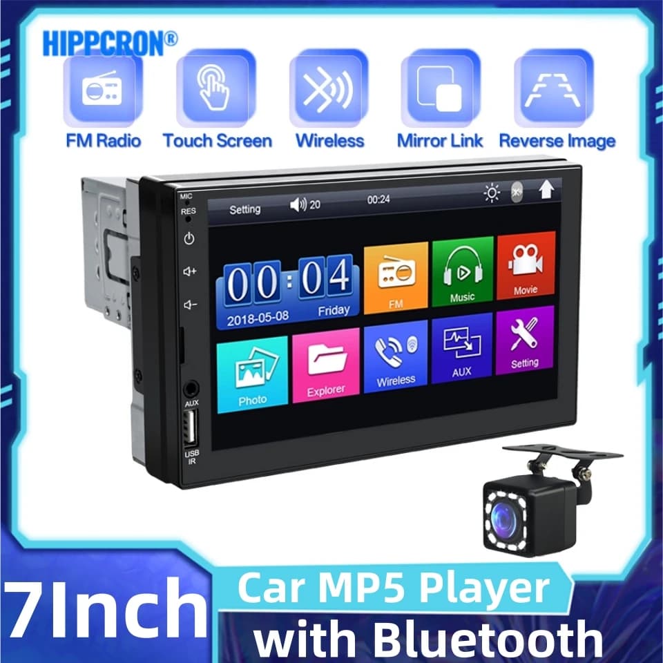 HIPPCRON Autoradio 1 DIN con Touchscreen da 7 Pollici, Lettore MP5, Supporto Wireless AUX/USB MirrorLink, Telecamera Posteriore Opzionale, Telecomando