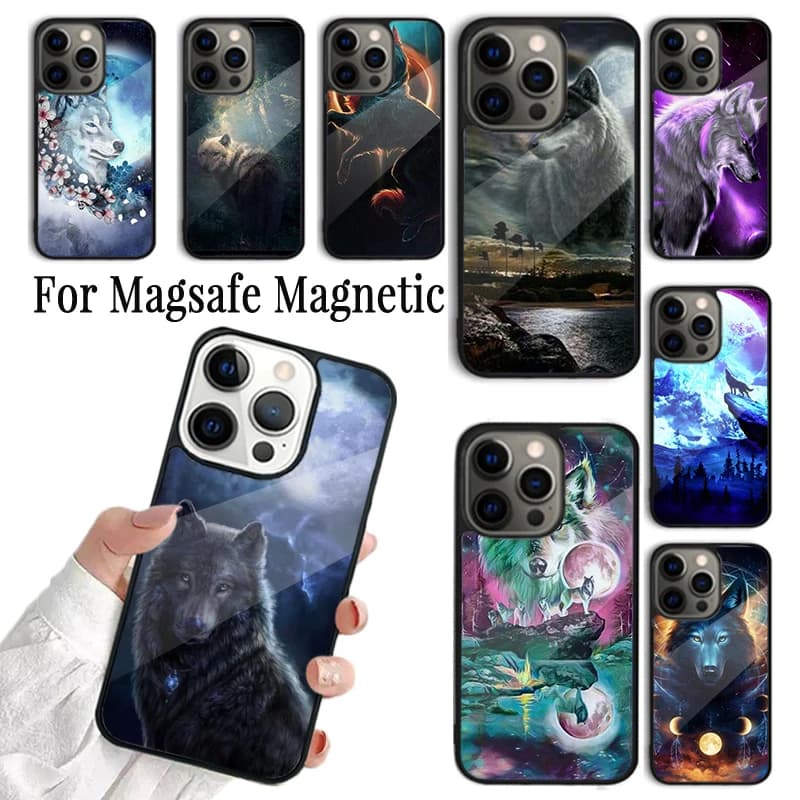 Cover per iPhone Moonlight of the Wolf per iPhone 17 AIR 16 15 14 13 12 11 Pro Max Plus, custodia magnetica wireless Magsafe