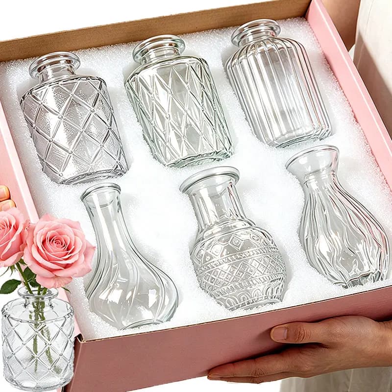 Multiple Styles European Clear 3D Embossed Glass Vase Reusable Fresh Cut Dried Flower Thick Glass Coffee Table Room Office Decor