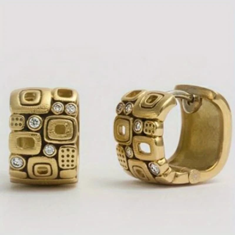 Vintage Gold Color White CZ Hoops Women's Earrings Metal Hand Carving Hollow Party Daily Wear