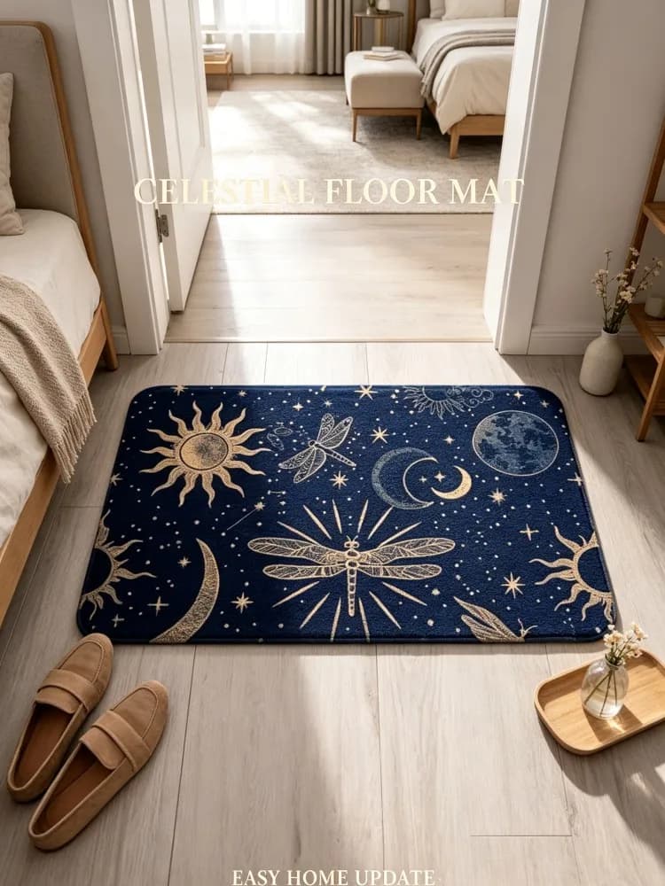 Boho Celestial Dragonfly Area Rug, Sun Moon Star Constellation Print Non Slip Floor Mat, Vintage Mystic Insect Carpet for Bedroo