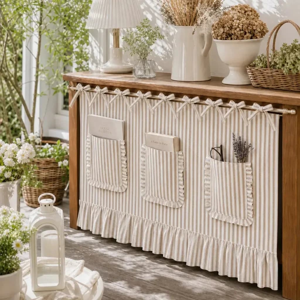 1PC Retro Light Coffee Stripe Pattern Short Curtain, Tie Top, With Pocket Oven Curtain for Kitchen, Cabinet, Study Home Decor