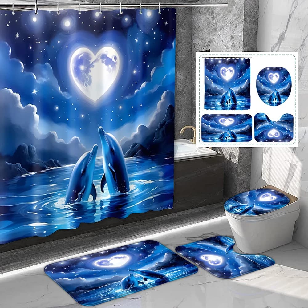 1 set di tende da doccia con stampa delfino blu illuminato alla luna, stile oceano sognante, con ganci in plastica e bagno