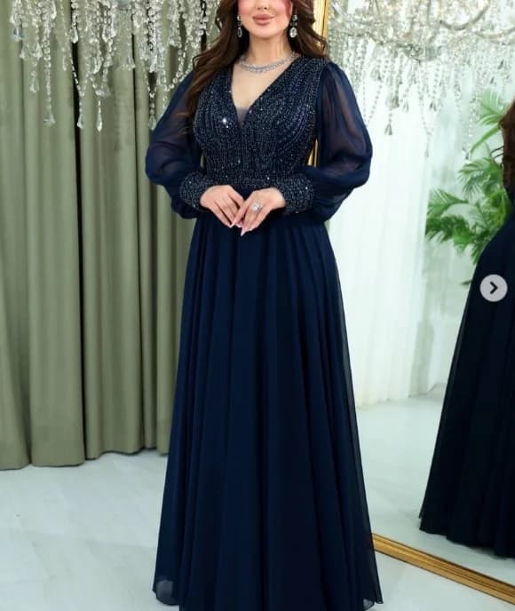 Abiti da sera con scollo a V, cristalli, paillettes, perline, abiti da ballo personalizzati, abito lungo in chiffon con maniche lunghe per compleanno