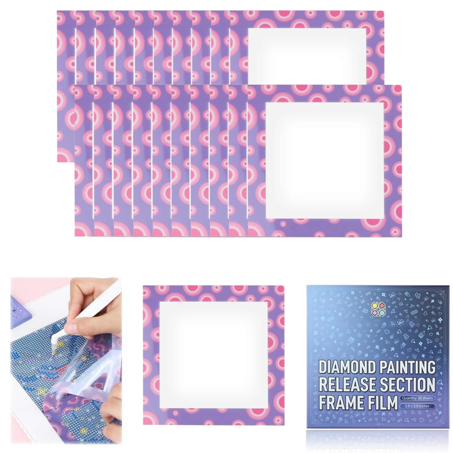 30Pcs Diamond Painting Tools 10cm Reusable Release Film With Protective Frame 6 Patterns Sticky Guide For DIY Crafts Accessories