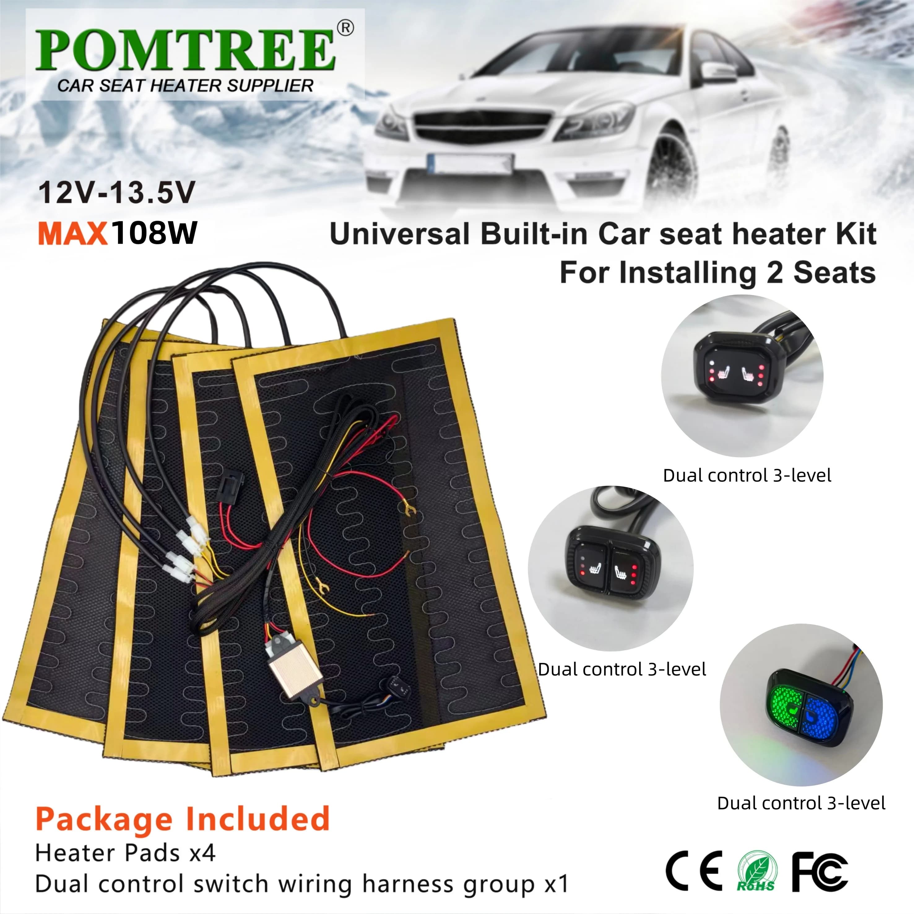 Universal 12V integrated car seat heater kit suitable for 2 seats, 108 W black alloy wire heaters system 3-level double control switches