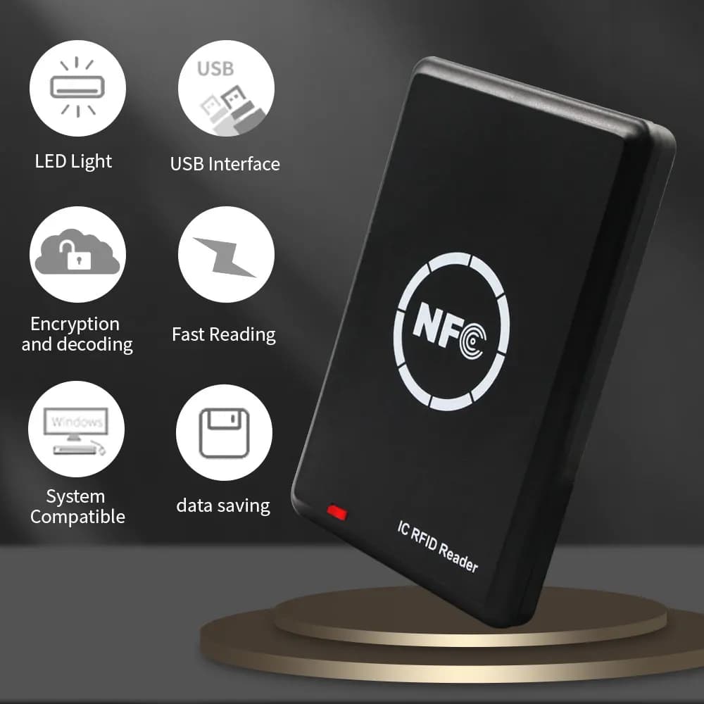 Lettore di schede IC NFC Scrittore Copiatrice Duplicatore 13,56 MHz M1 S50 Lettore USB di schede induttive RFID con software Scheda di copia integrata