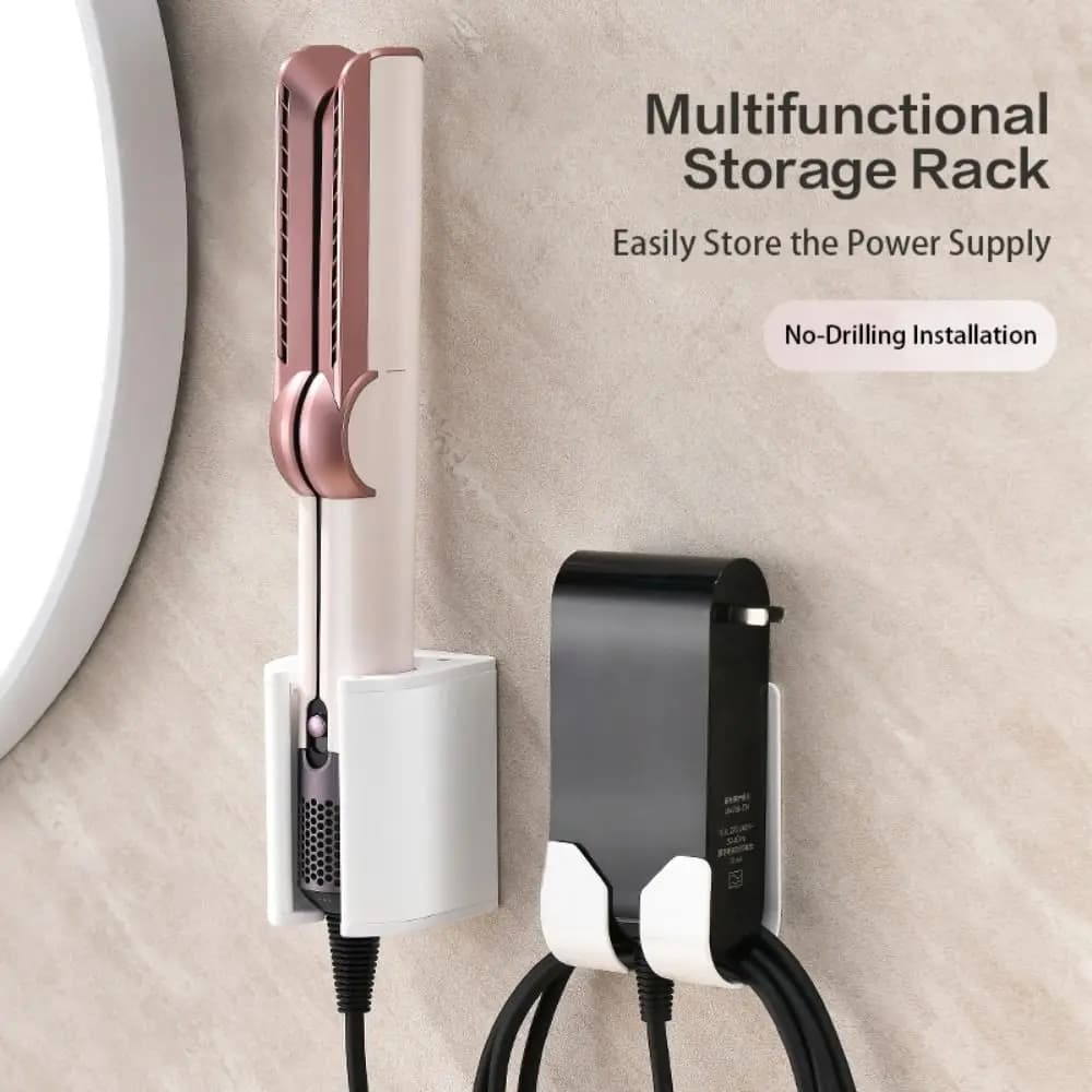 Multi-Functional Curling Iron Straightener Organizer Punch Free Metal Wall Mount Holder Storage Rack for Dyson Bathroom