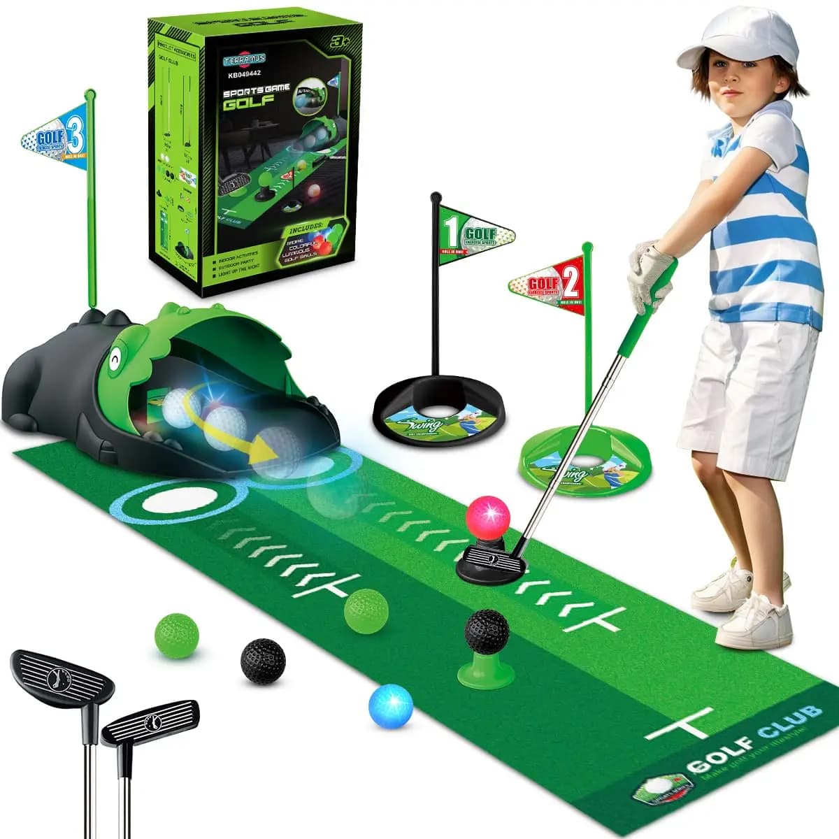 Set di mazze da golf giocattolo per bambini con ritorno automatico della palla a LED, tappetino da golf per bambini, mini gioco da golf, regalo sportivo per 3+ ragazzi e ragazze