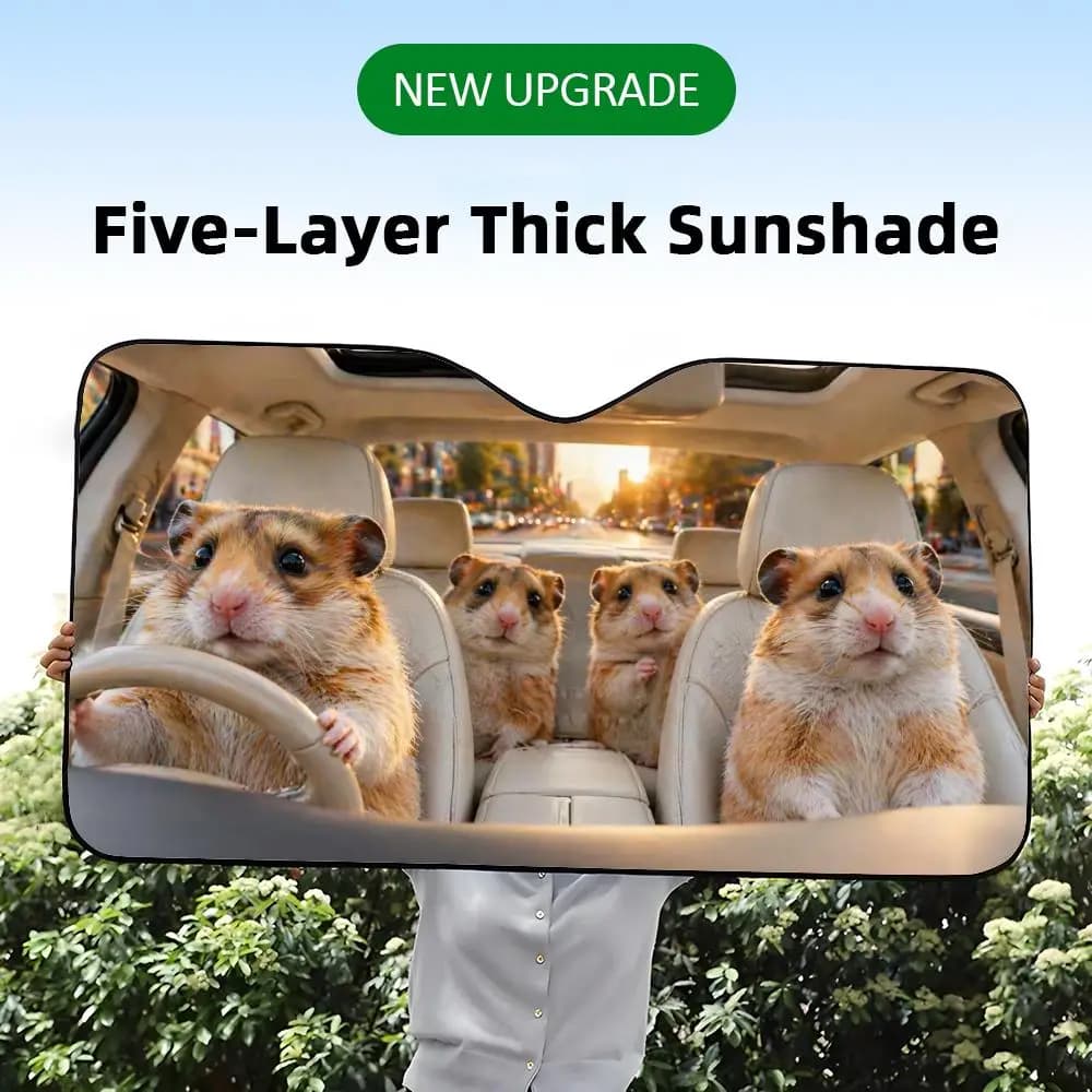 Cute Hamster Road Trip Sun Visor Foil Windshield Sunshades UV Protector & Heat Shield Car Front Window Foldable