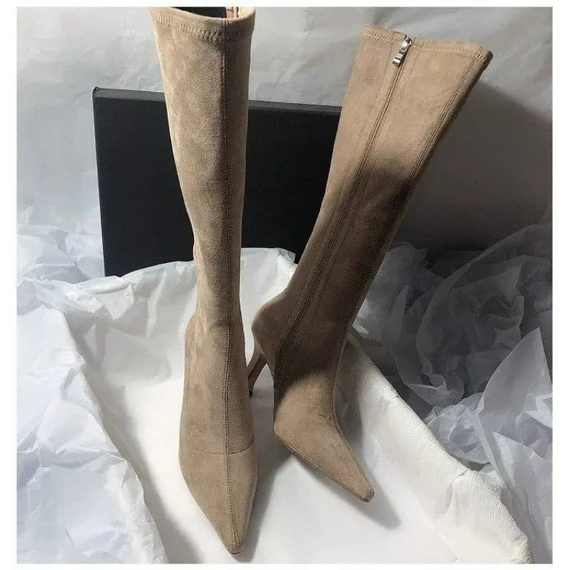 Tip knee boots 2026, sexy, up to the thigh, woman, with side zipper, suede, high elastic heel, modern shoes, Zapatos De Mujer