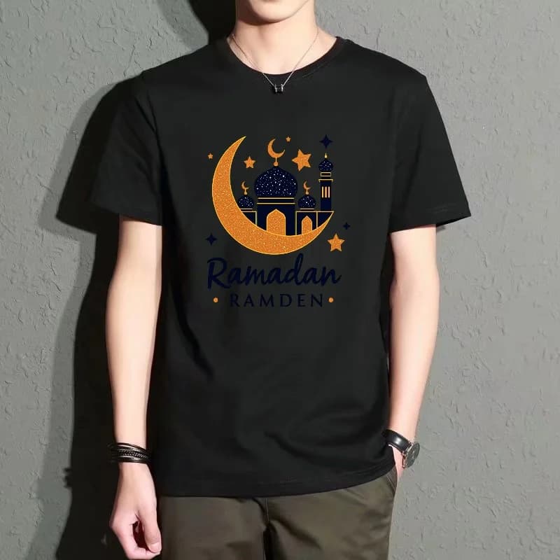 Men's Black Round-Neck Short-Sleeved T-Shirt, Casual Top with Star and Moon Architectural Print, Comfortable and Breathable for Everyday Wear, Versatile Style, Simple and Trendy Style