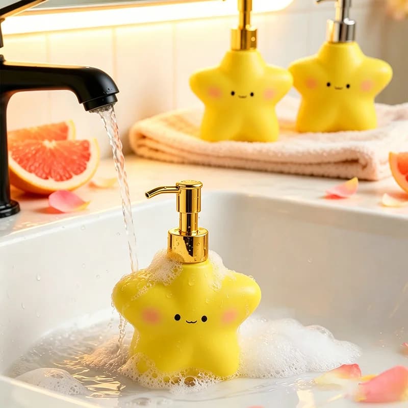 Kawaii Star Face Resin Lotion Dispenser Refillable Hand Soap Pump Bottle for Washroom Vanity Sink Tabletop Decor Accent