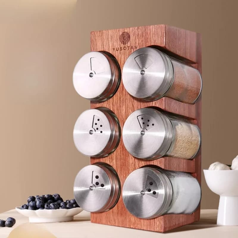 Set di barattoli di spezie in legno Porta sali e pepe Organizzatore da cucina Contenitore di stoccaggio Bottiglie di condimento per la casa ricaricabili