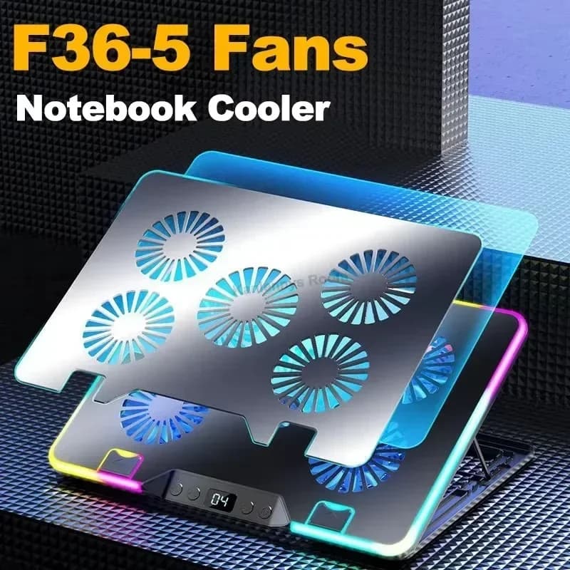 Tappetino di raffreddamento per laptop da gioco F36 con 5 ventole Supporto per dispositivo di raffreddamento per notebook con doppio schermo LED USB per staffa regolabile da 11-17,3 '' a 7 angoli