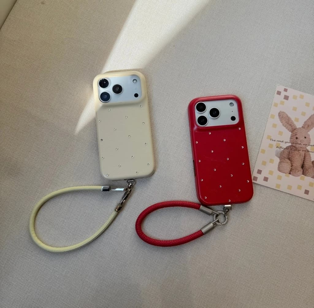 Decorazione di strass in ecopelle tinta unita elegante di lusso con custodia per telefono con cordino per iPhone 17 16 15 14 Pro Max