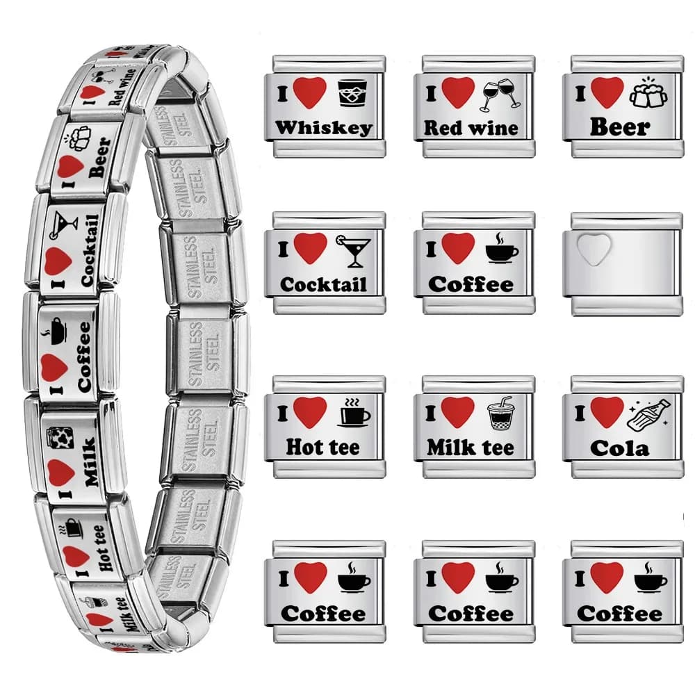 I Love Cola Coffee Laser Engraving Italian Charm Drink Theme 9mm Stainless Steel Bead For DIY Link Bracelet Making Jewelry Gifts