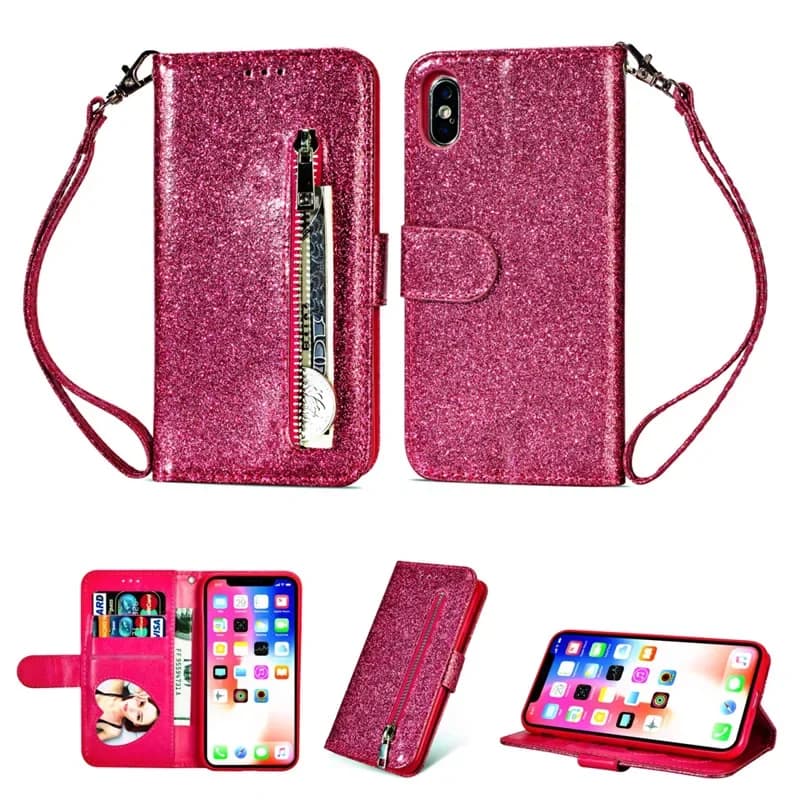 Glitter Zipper Wallet Case For Huawei P40 Lite P30 P20 Pro Y7 Y6 2019 Luxury Leather Lanyard 3 Cards Slot Handbag Flip Cover
