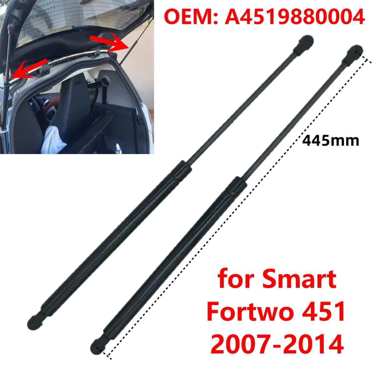2 pezzi A4519880004 bagagliaio posteriore per auto portellone posteriore puntoni a gas barra di supporto per ascensore per Smart Fortwo 451 Coupe 2007-2014