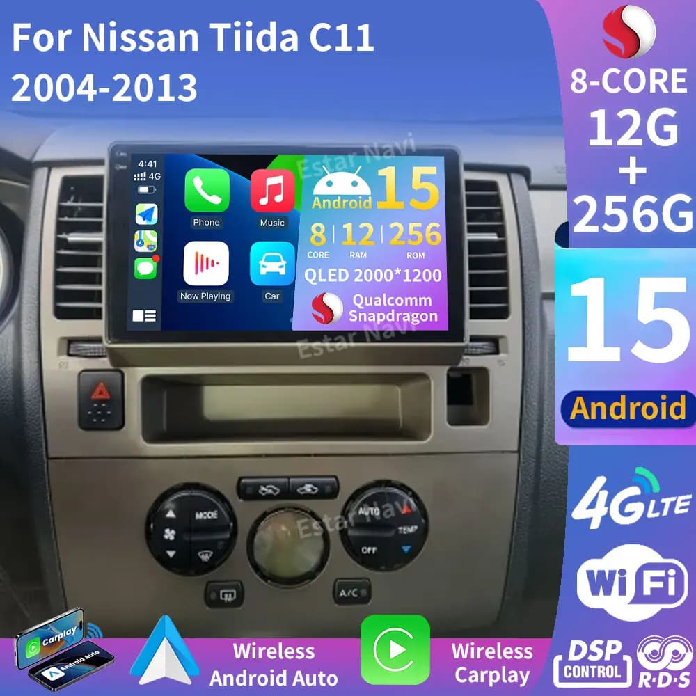 Android 15 Wireless Carplay For Nissan Tiida C11 2004 - 2013 WIFI Navigation Head Unit Audio Video Auto BT Car Radio Stereo GPS