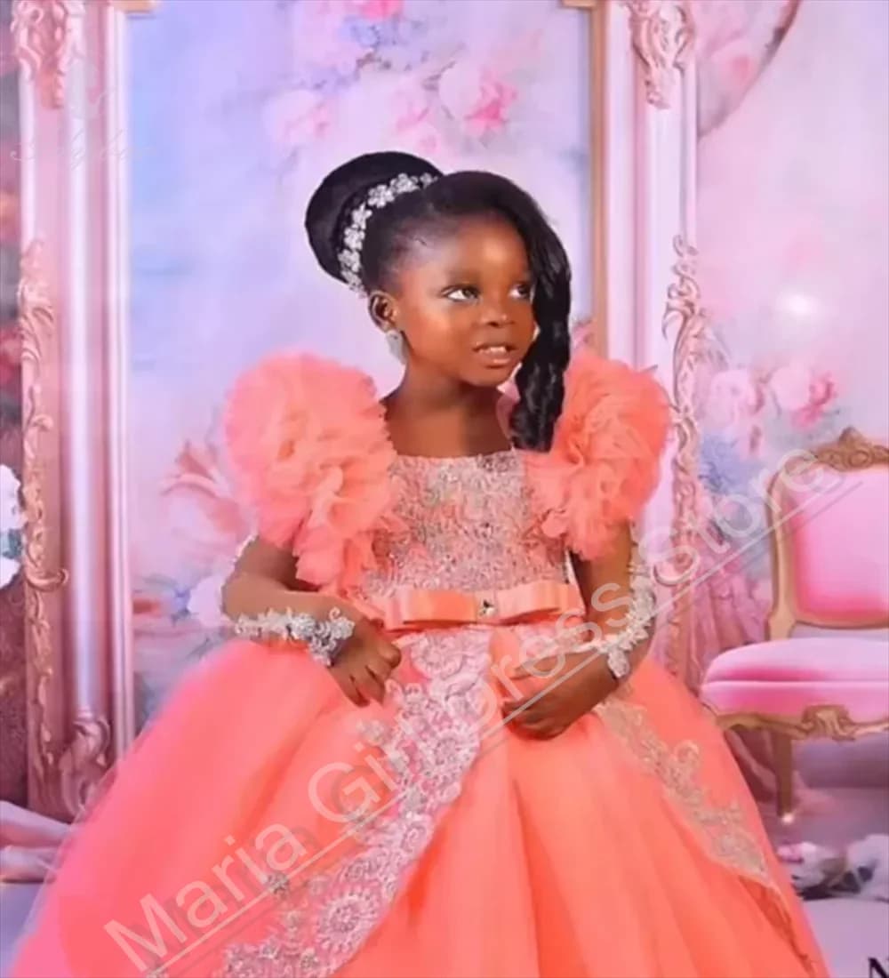 Abiti da Cerimonia Personalizzati Rosa per Bambine, Vestiti con Applicazioni in Pizzo per Damigelle, Abito da Concorso di Bellezza per Servizi Fotografici