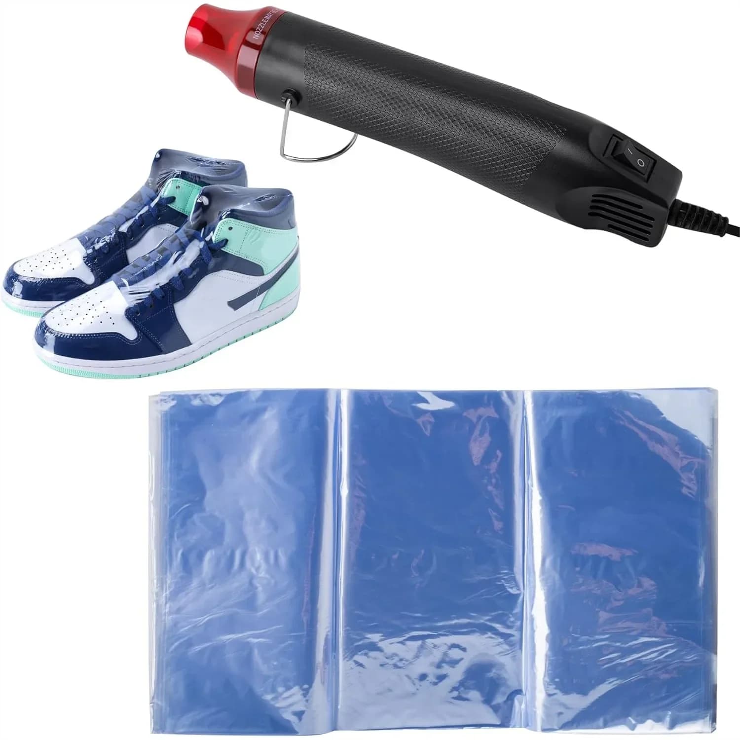50 sacchetti termoretraibili per scarpe da 11x18 pollici con mini pistola termica per la conservazione delle sneaker, evitano l'ingiallimento e la polvere