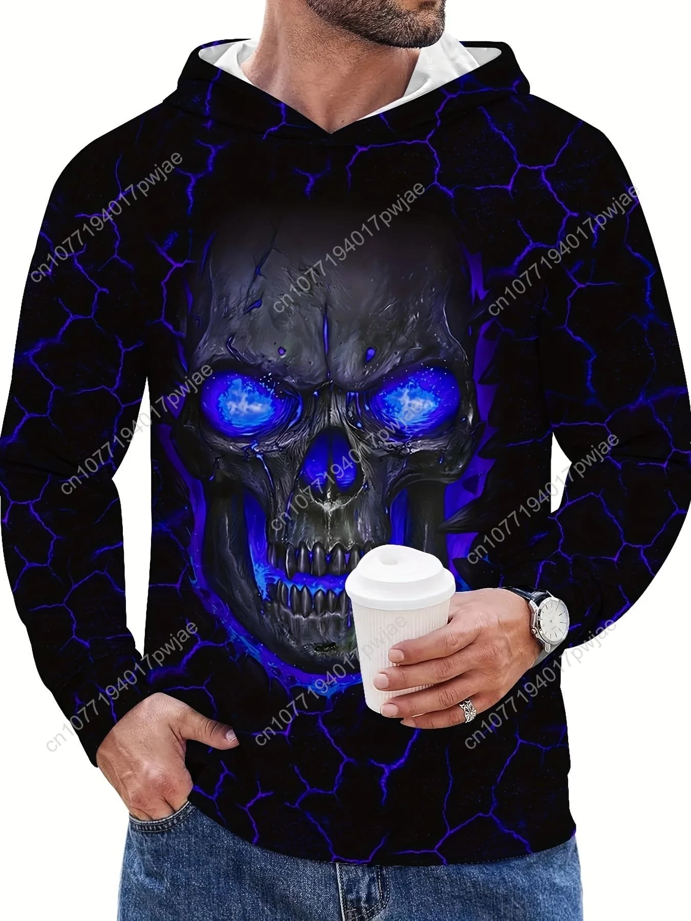 Men's sweatshirt, 3D digital print with blue and bright skull pattern, gothic streetwear pullover, winter washable in washing machine S