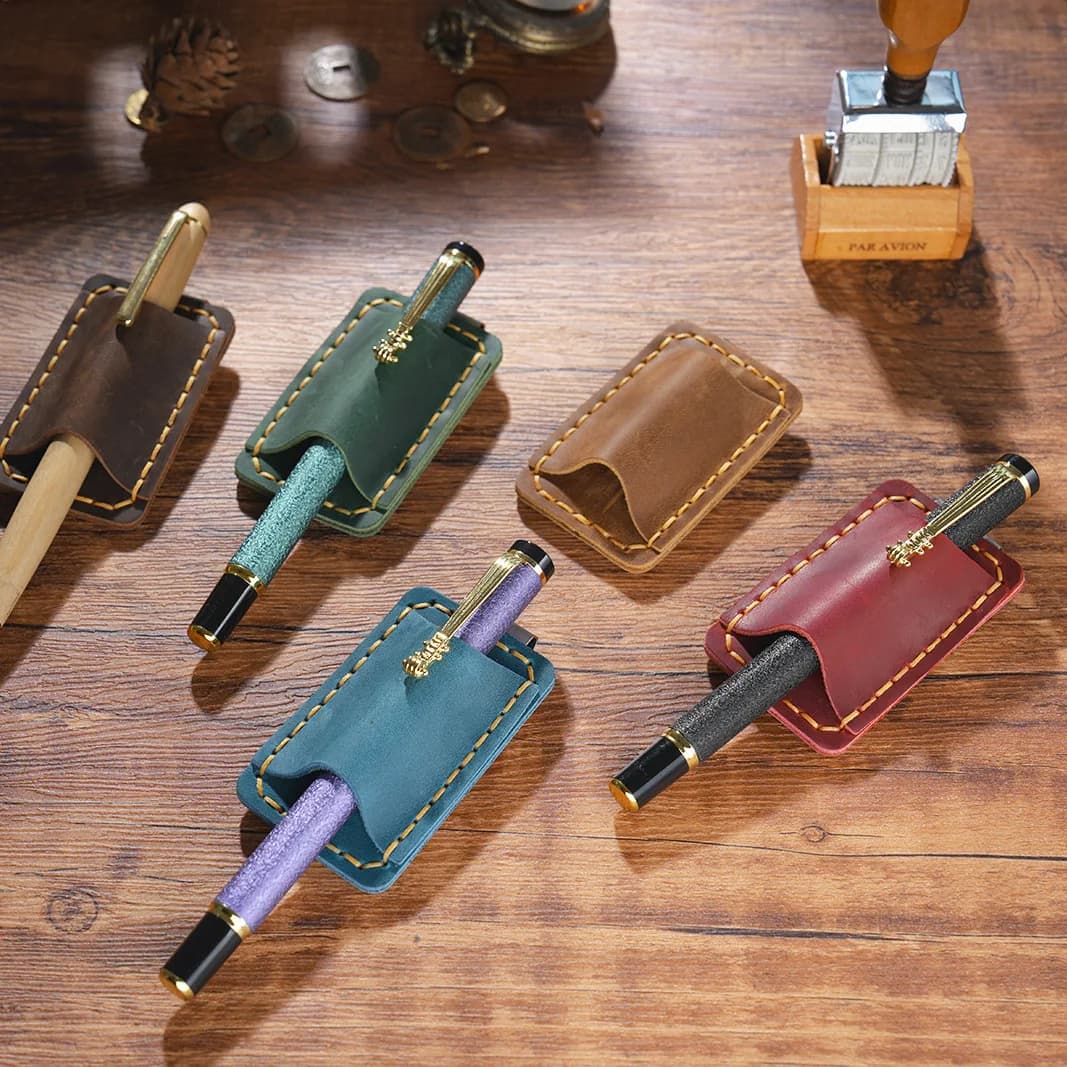 Fromthenon Vintage Top Layer Cowhide Single Pen Holder Handmade Crazy Horse Leather Traveler Notebook Pen Holder Stainless