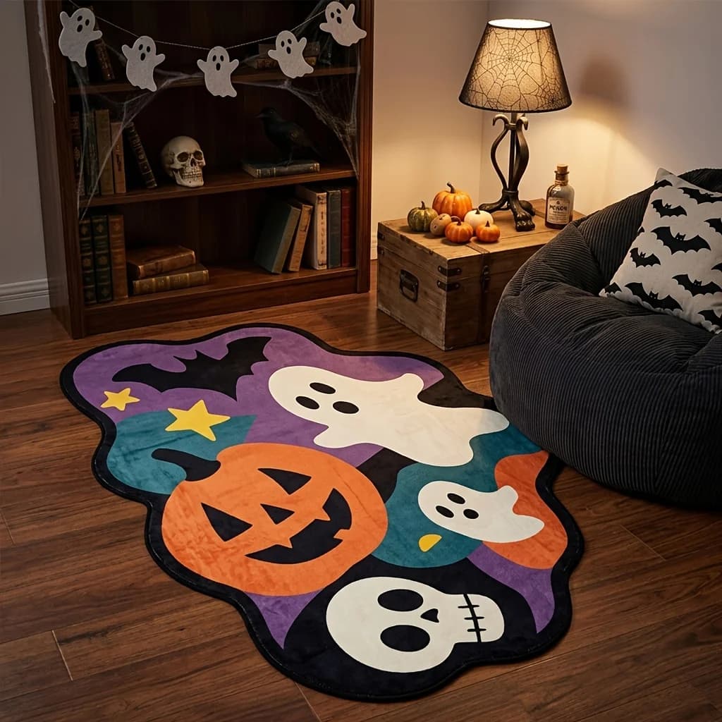 VIKAMA Halloween Irregular Rug Pumpkin Ghost Skull Bat Cartoon Mat Soft Flannel Floor Carpet Home Holiday Decor Bedroom Doormat