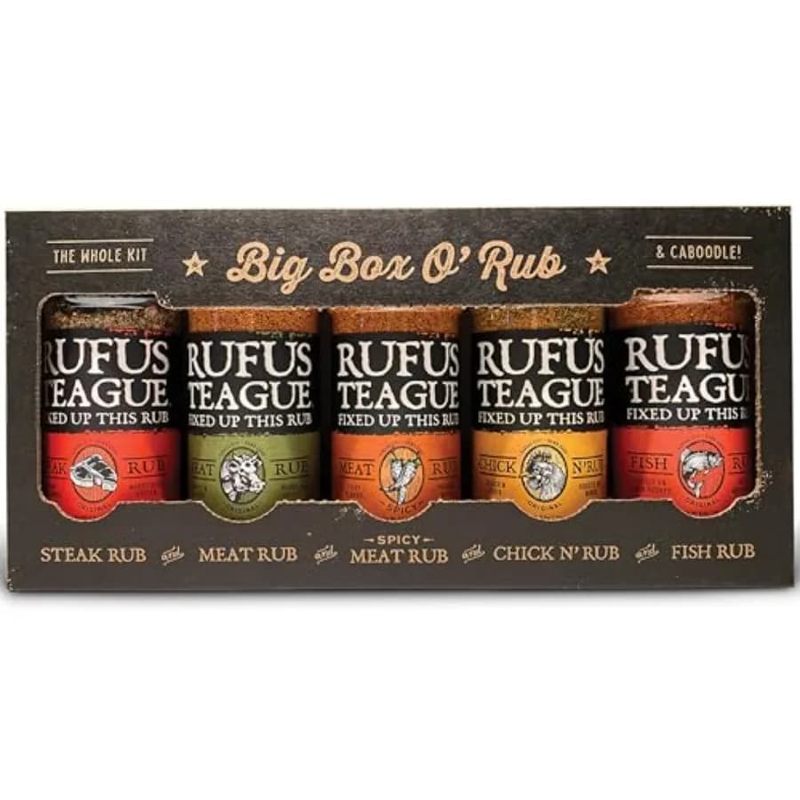Set Regalo di Condimenti BBQ Rufus Teague, Big Box O' Rub, Spezie Secche per Affumicatura e Grigliatura, Set di 5 Aromi, Regalo per Uomini