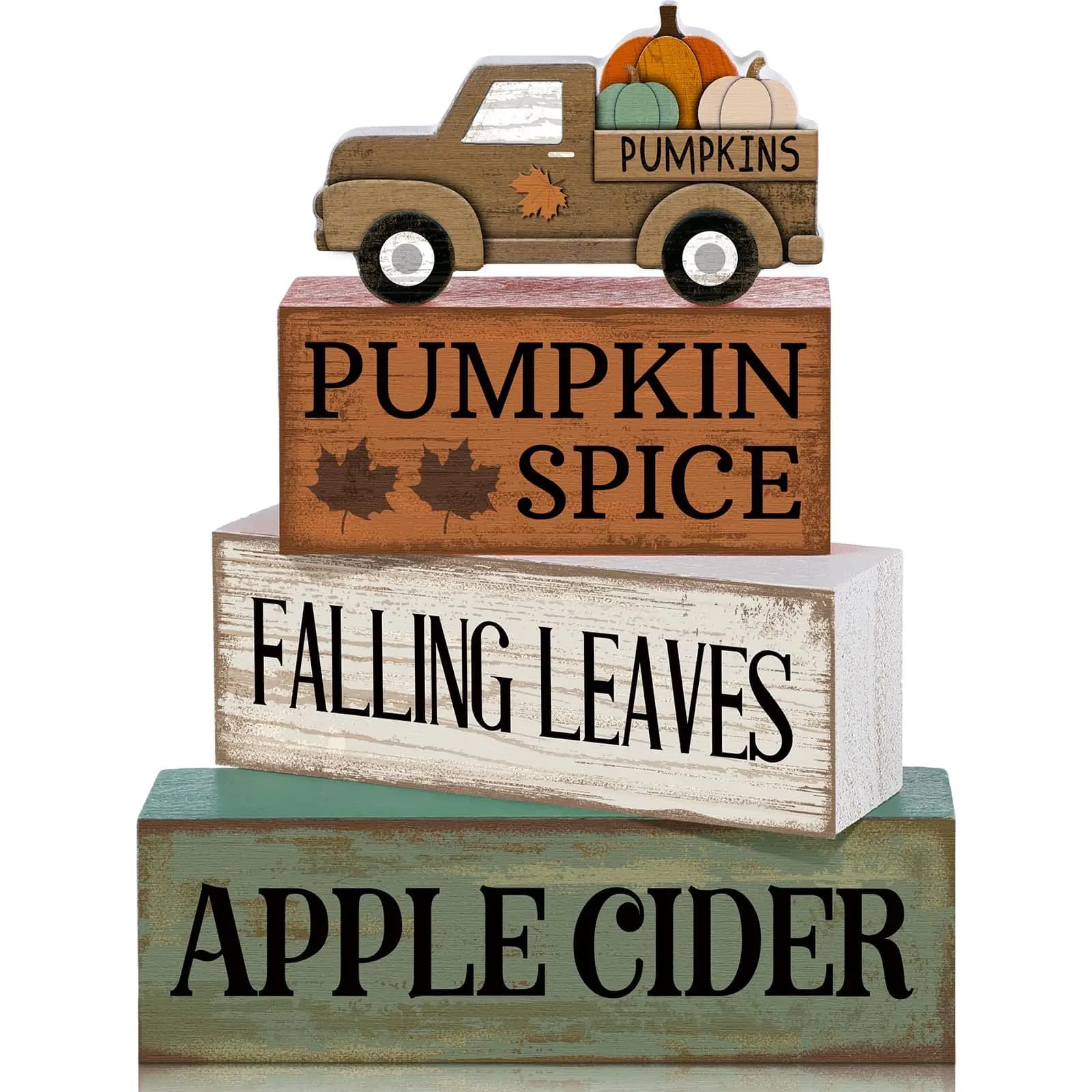 4 Pcs Fall Table Decoration for Home Fall Truck Decor Thanksgiving Tiered Tray Decor Rutic Thanksgiving Centerpiece Pumpkin Truck Block Signs Gift Farmhouse Autumn Decoration for Home