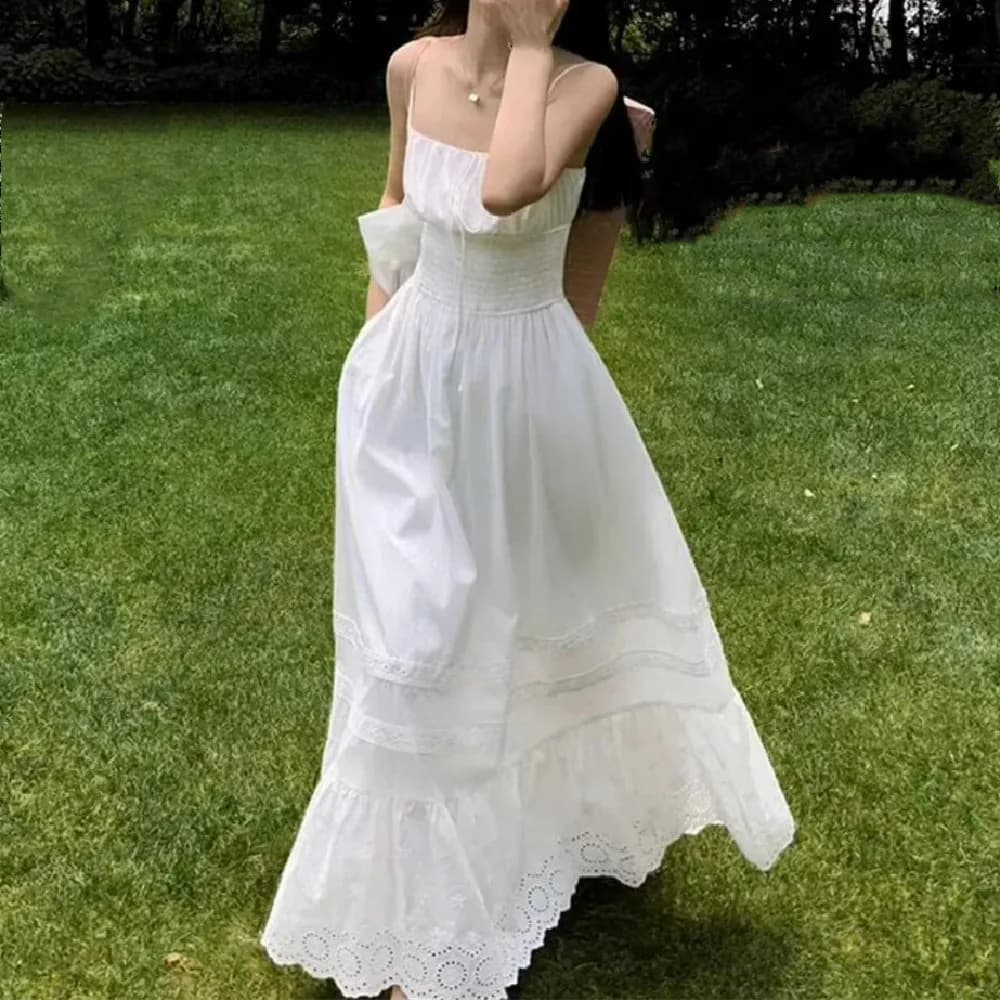 2 colori Vacanza Allacciatura Fiocco Increspato Petto Cotone Sling Dress Elastico in vita Ricamo Orlo scavato Maxi Abiti lunghi Vestido